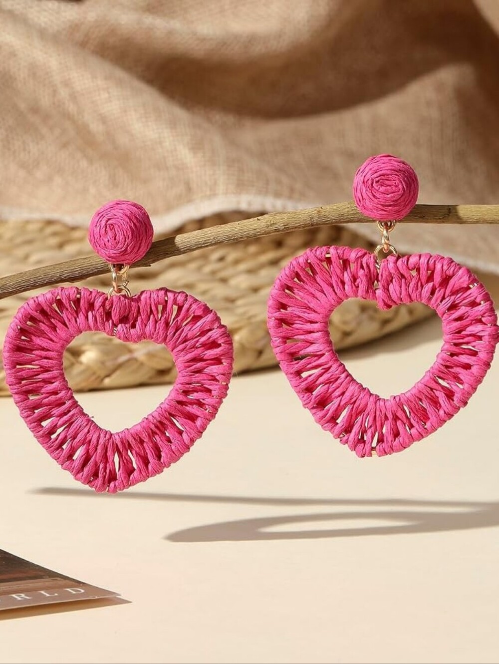 Raffia Heart Earrings Boho Statement Straw Earrings Drop Dangle